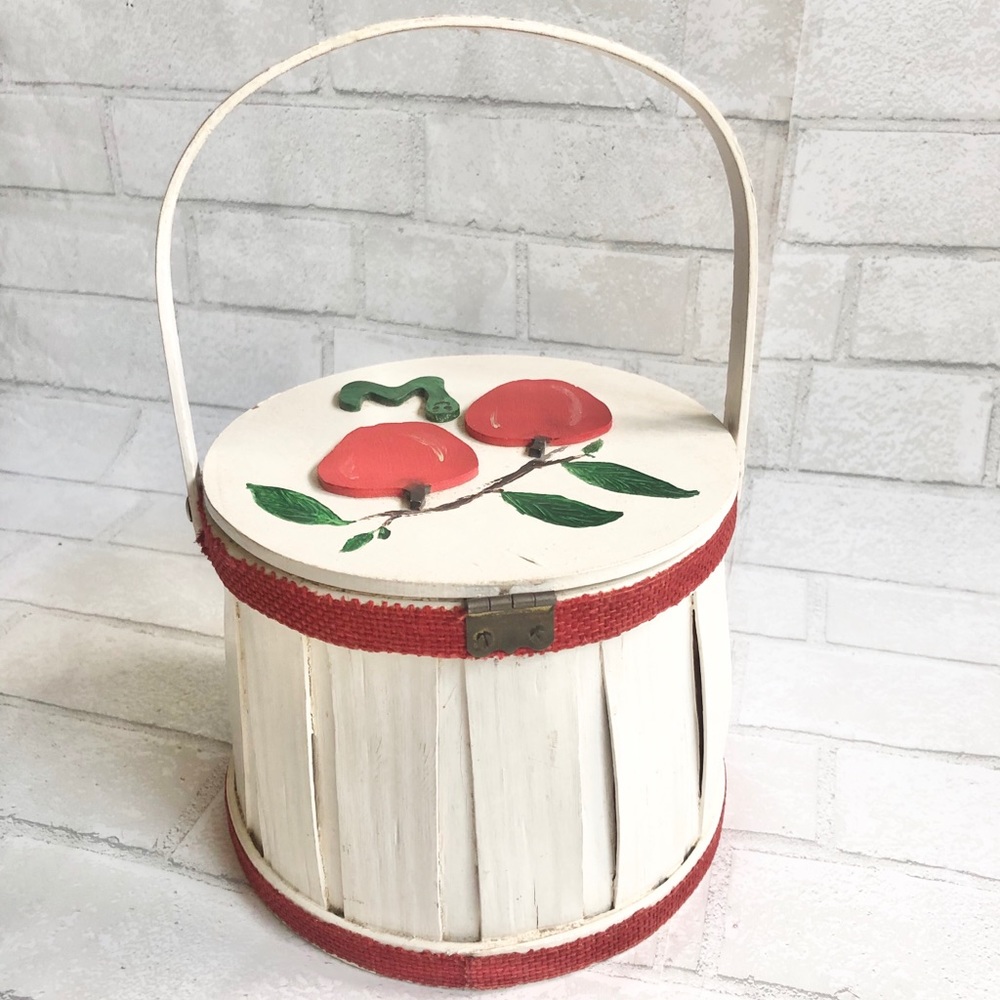 Vintage Hand Painted Wooden Slat basket or Fun handbag Darling Apples and Worm